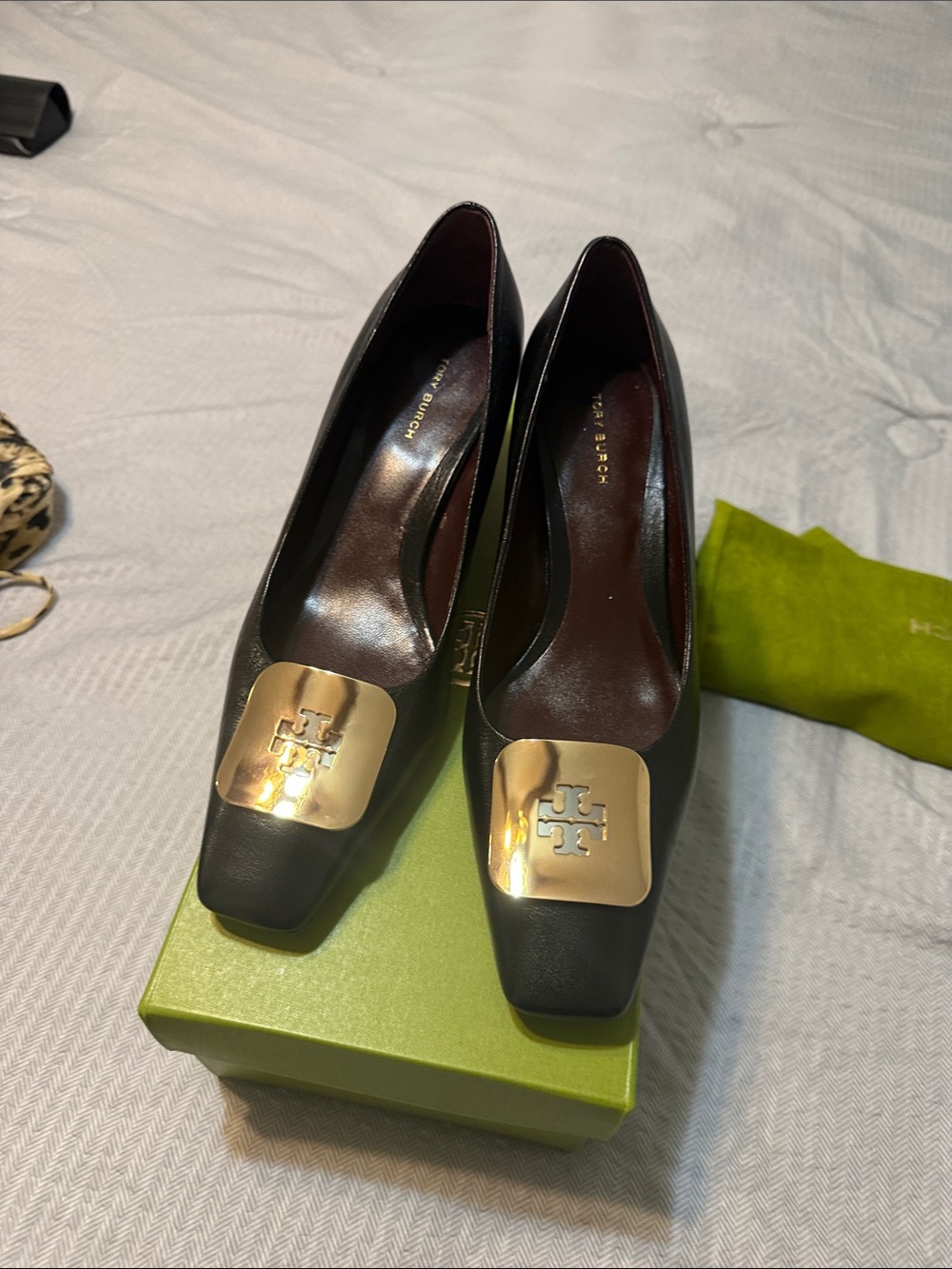 Tory Burch Black Leather Square-Toe Pumps with Gold Logo Plaque